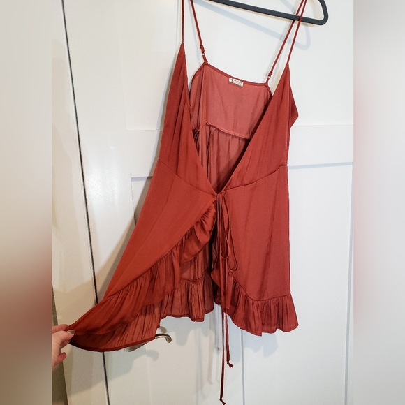 Free People Intimately All My Love Shine Wrap Mini Slip Dress Rust Satin S/M - Picture 5 of 14